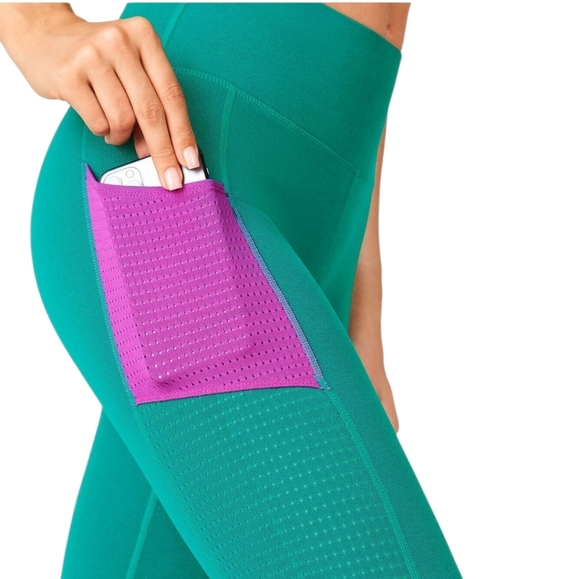 Fabletics High-Waisted SculptKnit Pocket Leggings Dark Jade/Fiesta Green Pink SM - Picture 2 of 13